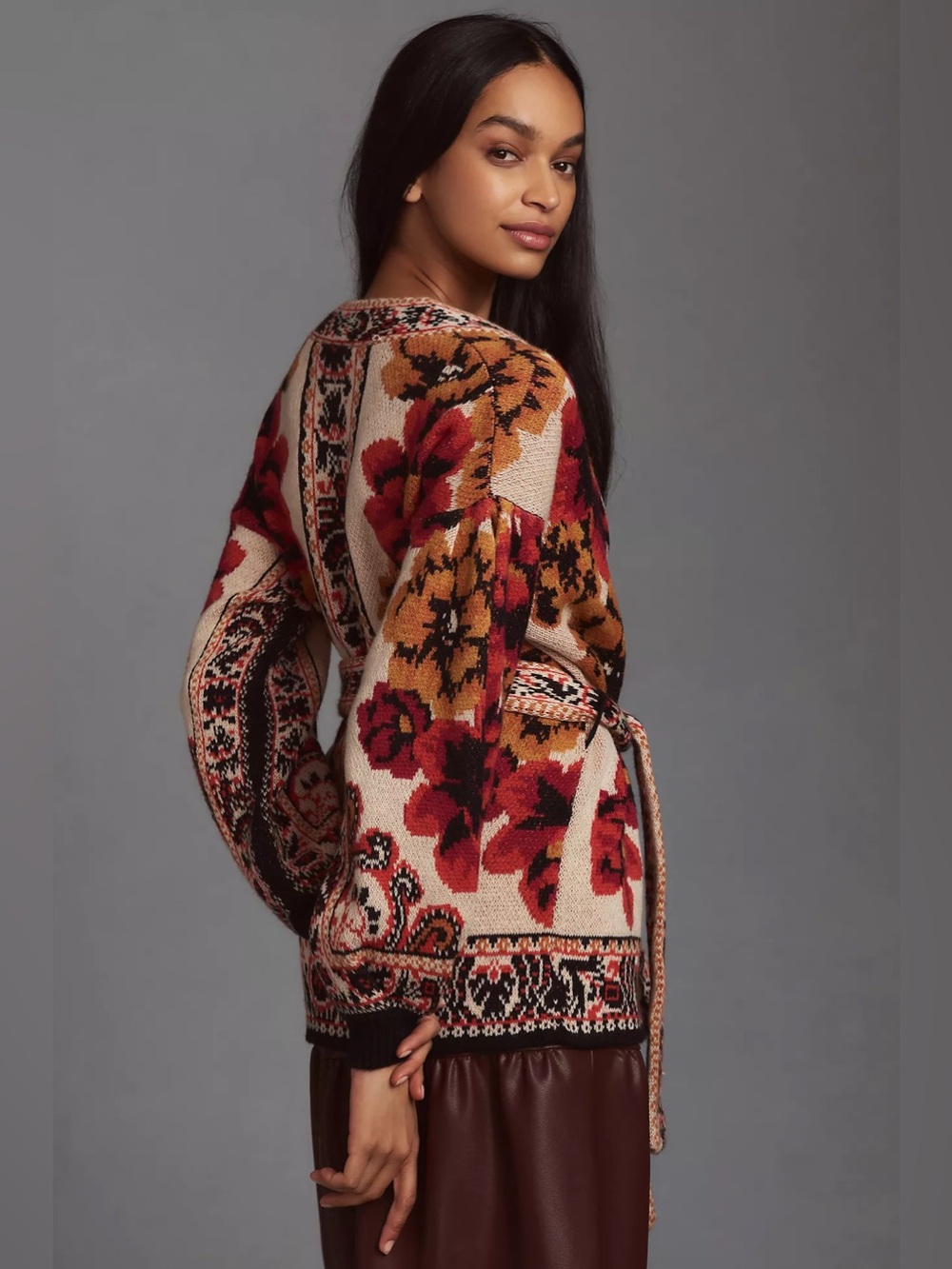 FARM RIO Sand Winter Tapestry Knit Cardigan Belted Sweater Cream Red Floral - Picture 2 of 15